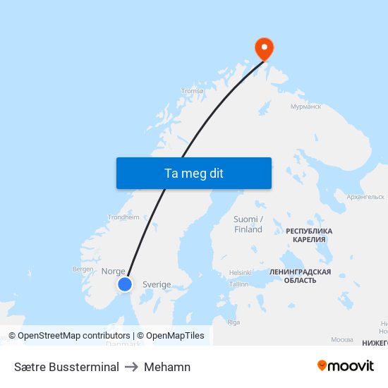 Sætre Bussterminal to Mehamn map