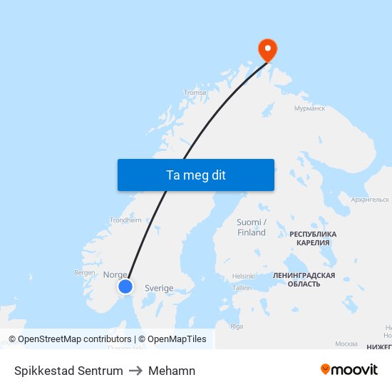 Spikkestad Sentrum to Mehamn map