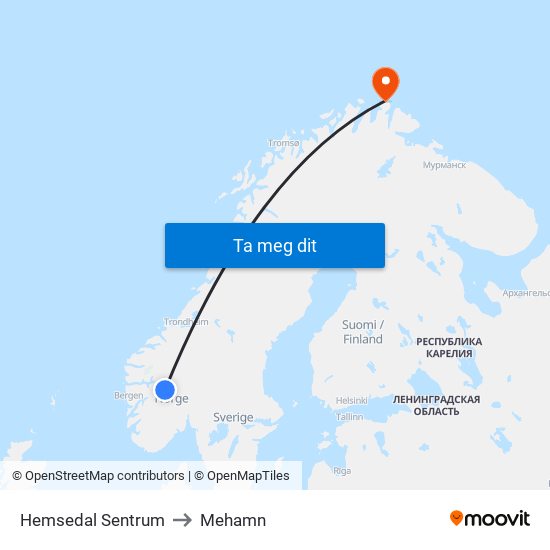 Hemsedal Sentrum to Mehamn map