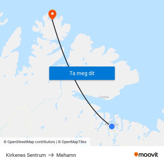 Kirkenes Sentrum to Mehamn map
