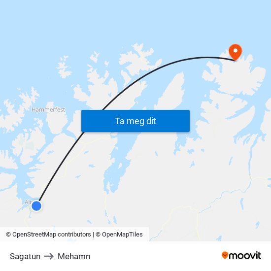 Sagatun to Mehamn map