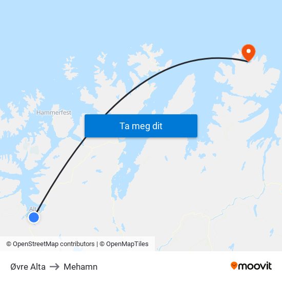 Øvre Alta to Mehamn map