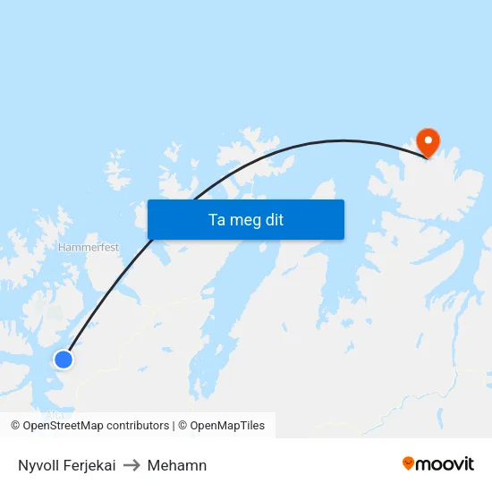 Nyvoll Ferjekai to Mehamn map