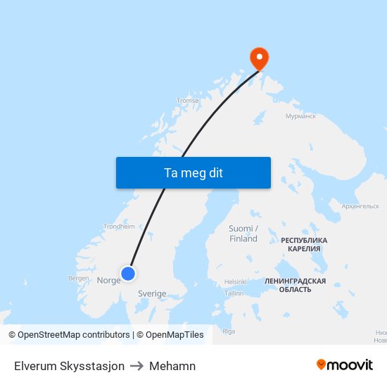 Elverum Skysstasjon to Mehamn map