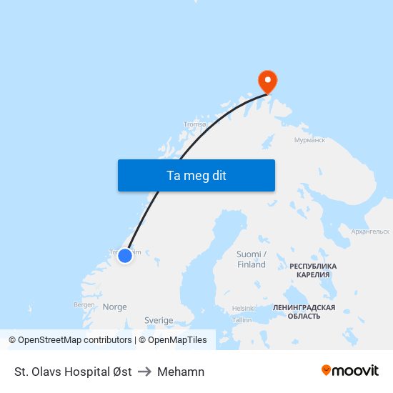 St. Olavs Hospital Øst to Mehamn map