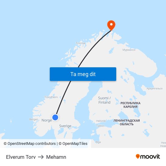 Elverum Torv to Mehamn map