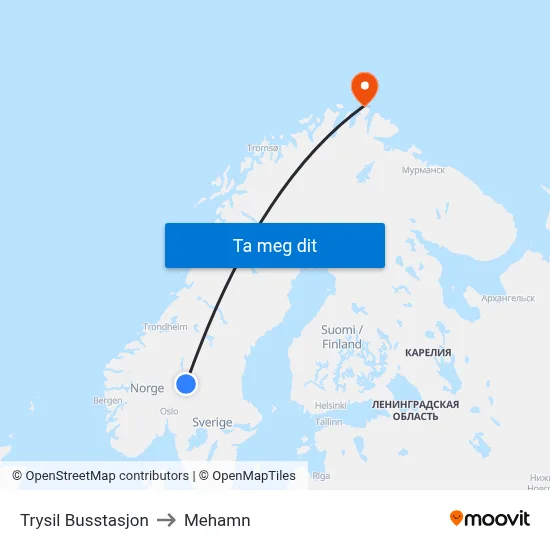 Trysil Busstasjon to Mehamn map
