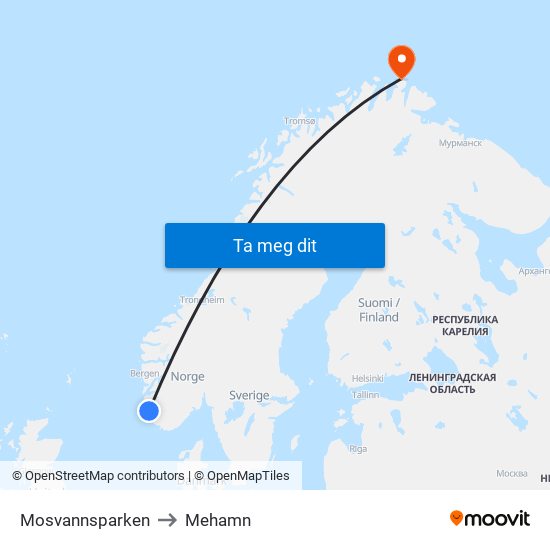 Mosvannsparken to Mehamn map