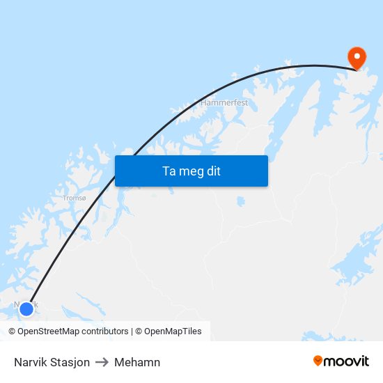 Narvik Stasjon to Mehamn map