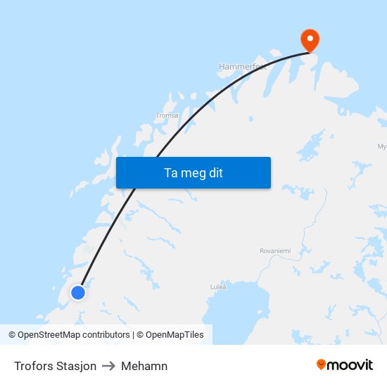Trofors Stasjon to Mehamn map