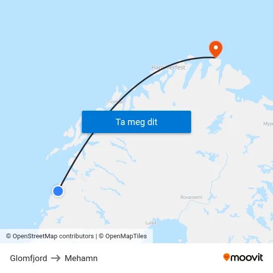 Glomfjord to Mehamn map