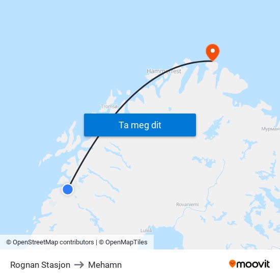 Rognan Stasjon to Mehamn map