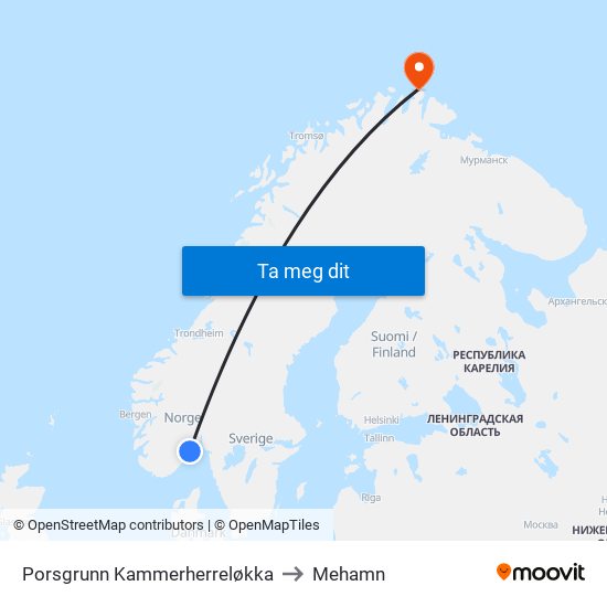 Porsgrunn Kammerherreløkka to Mehamn map