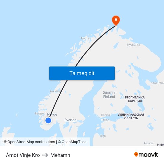Åmot Vinje Kro to Mehamn map