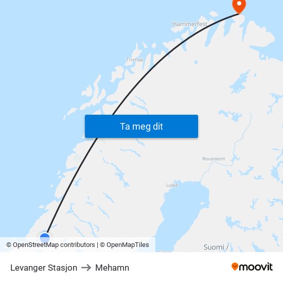 Levanger Stasjon to Mehamn map