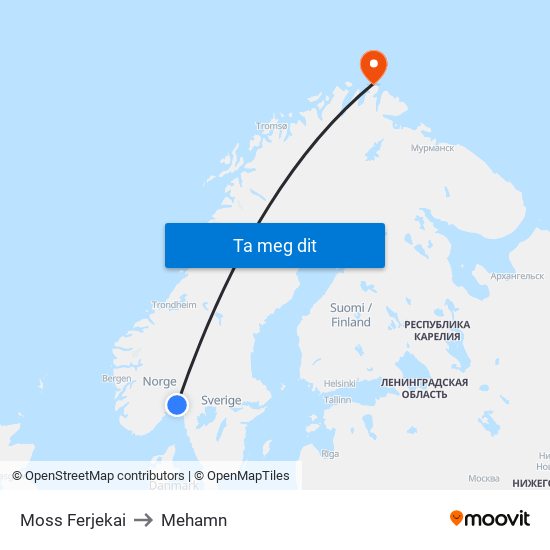 Moss Ferjekai to Mehamn map