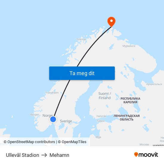 Ullevål Stadion to Mehamn map