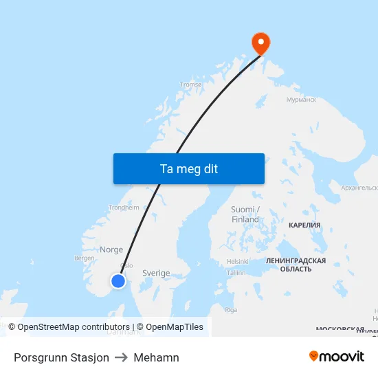 Porsgrunn Stasjon to Mehamn map