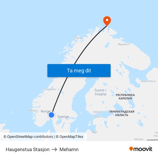 Haugenstua Stasjon to Mehamn map