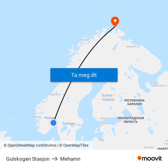 Gulskogen Stasjon to Mehamn map