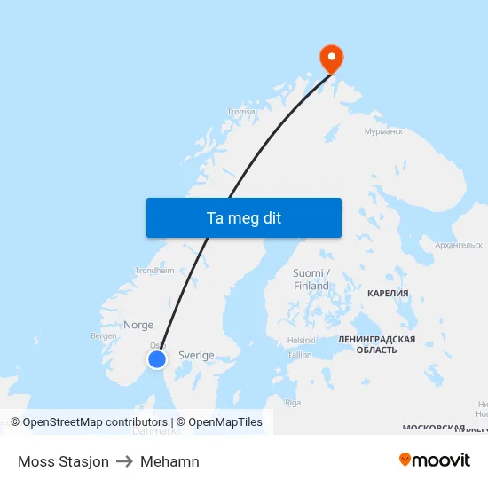 Moss Stasjon to Mehamn map