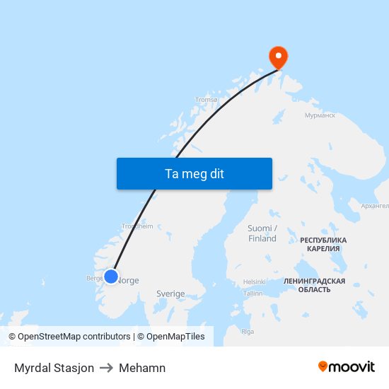 Myrdal Stasjon to Mehamn map