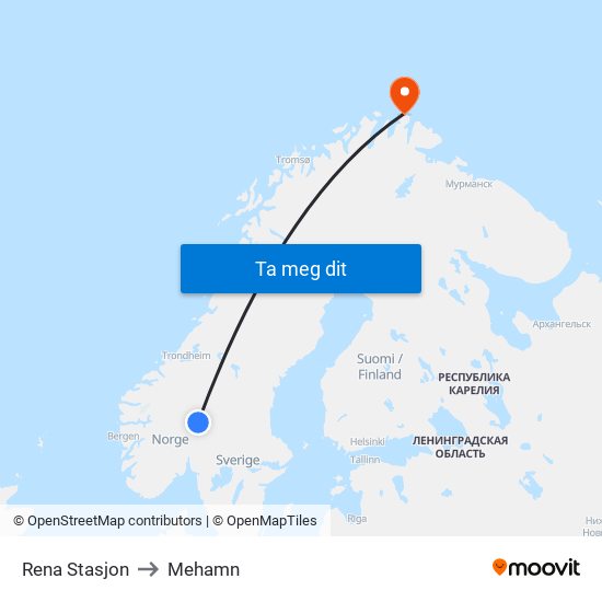 Rena Stasjon to Mehamn map