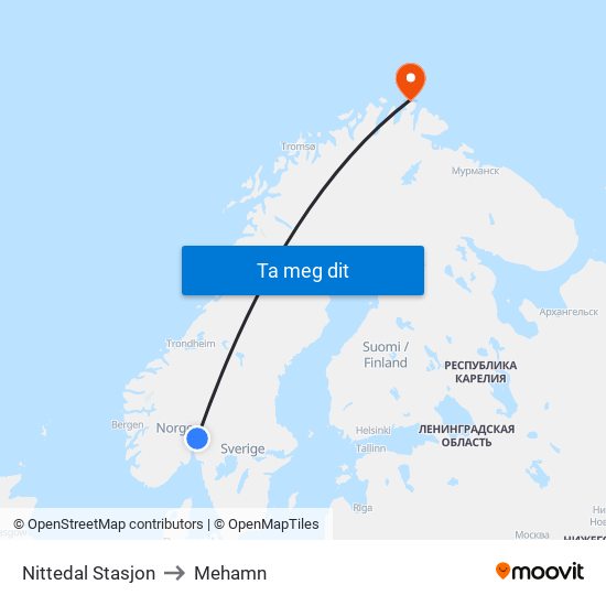 Nittedal Stasjon to Mehamn map