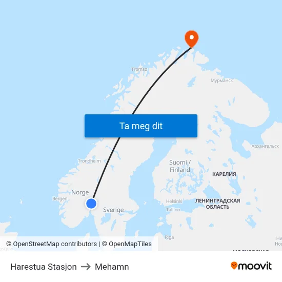 Harestua Stasjon to Mehamn map