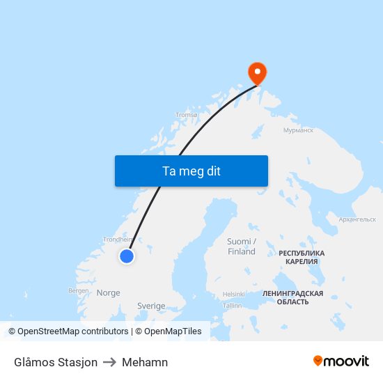 Glåmos Stasjon to Mehamn map