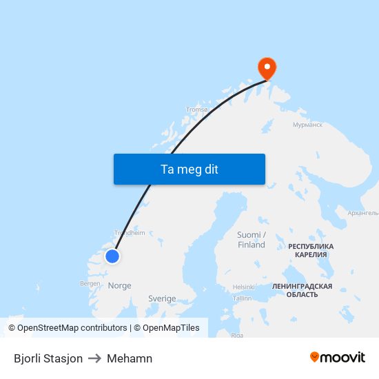 Bjorli Stasjon to Mehamn map