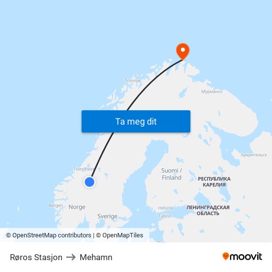 Røros Stasjon to Mehamn map