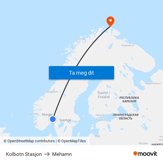 Kolbotn Stasjon to Mehamn map