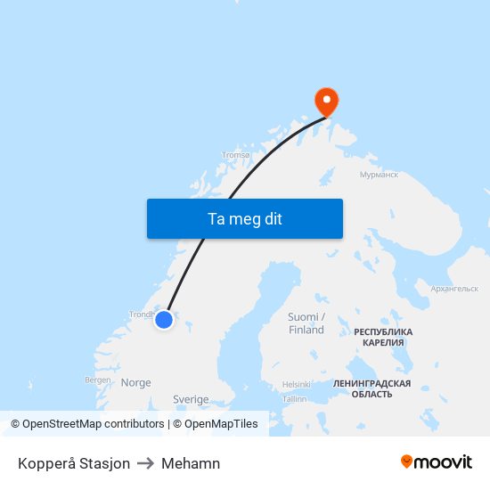 Kopperå Stasjon to Mehamn map