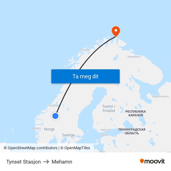 Tynset Stasjon to Mehamn map