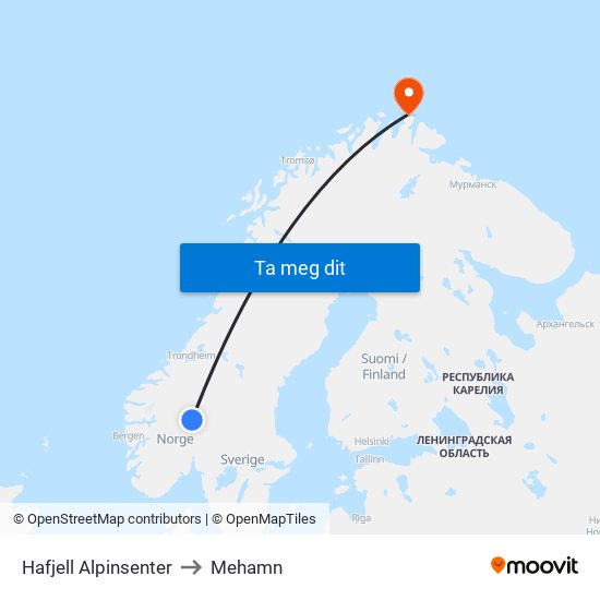Hafjell Alpinsenter to Mehamn map