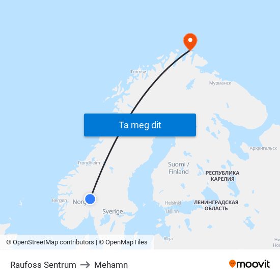 Raufoss Sentrum to Mehamn map