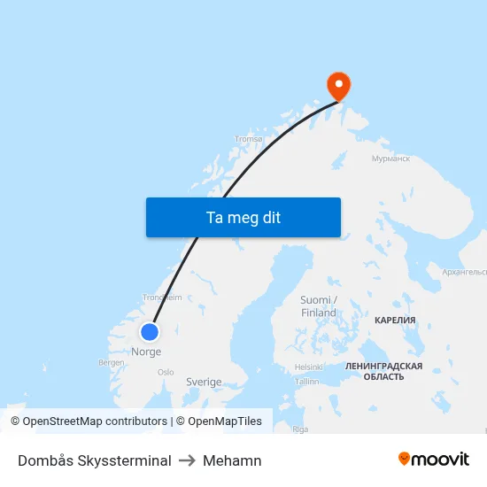 Dombås Skyssterminal to Mehamn map