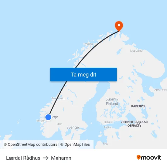 Lærdal Rådhus to Mehamn map