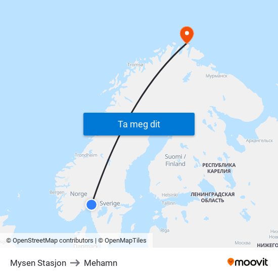 Mysen Stasjon to Mehamn map