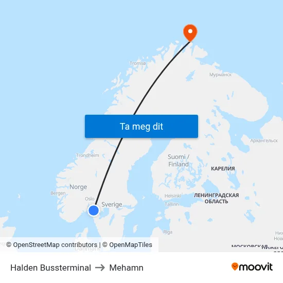 Halden Bussterminal to Mehamn map