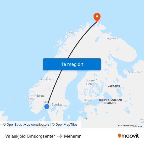 Valaskjold Omsorgsenter to Mehamn map