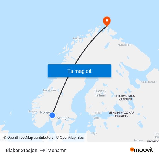 Blaker Stasjon to Mehamn map