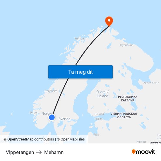 Vippetangen to Mehamn map