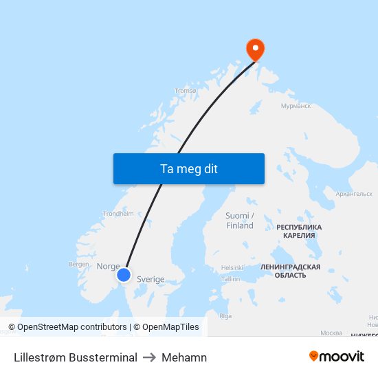 Lillestrøm Bussterminal to Mehamn map