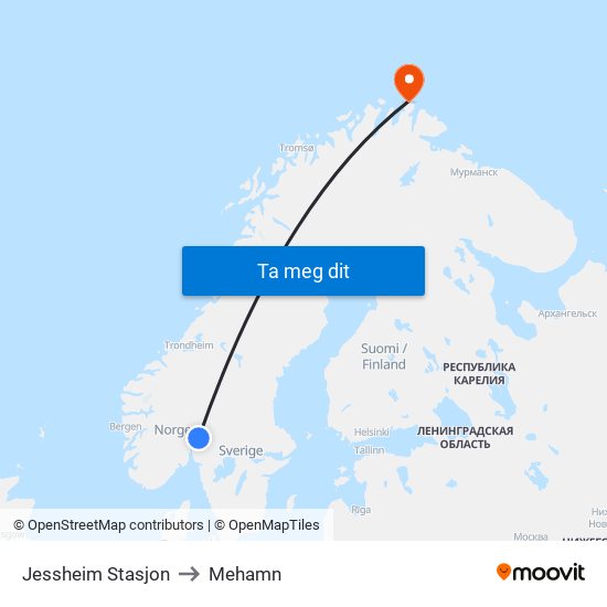 Jessheim Stasjon to Mehamn map