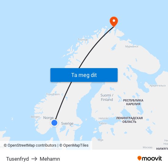 Tusenfryd to Mehamn map
