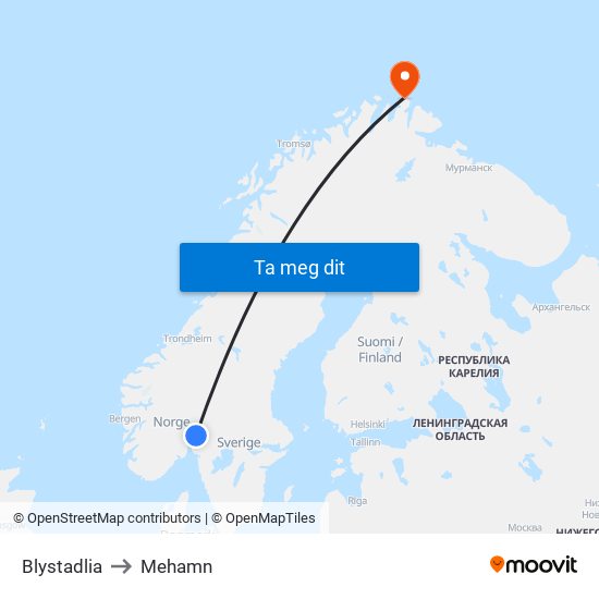 Blystadlia to Mehamn map