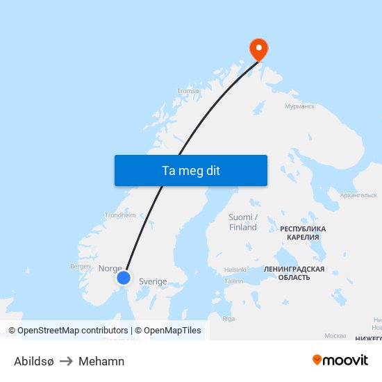 Abildsø to Mehamn map