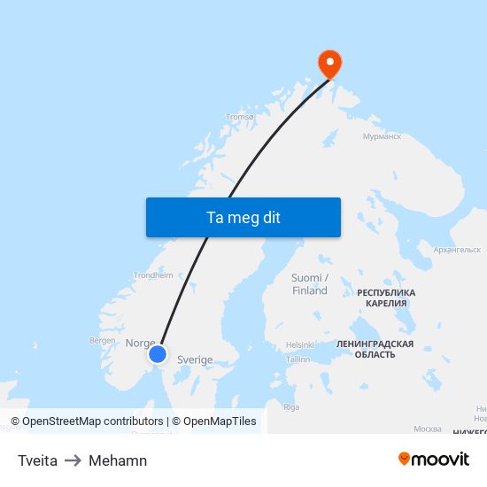 Tveita to Mehamn map